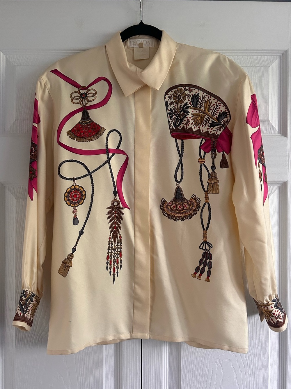 Vintage Escada Cream Silk Twill Equestrian Rope Ribbon Printed Blouse.